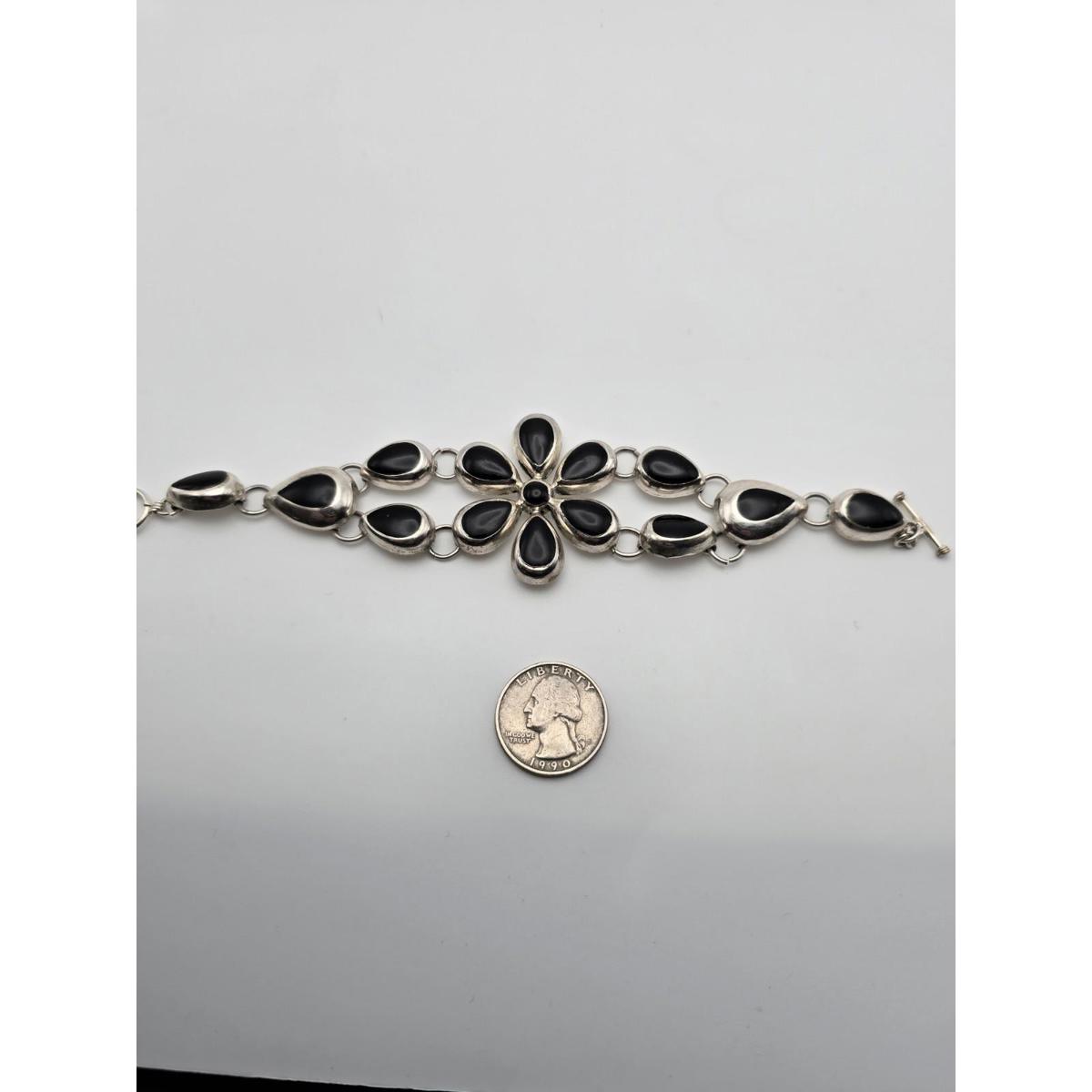 Vintage Mexican Onyx Sterling Silver Flower Bracelet 32g